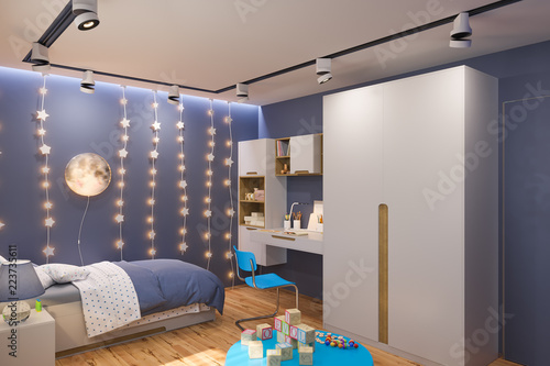 3d Render Of The Children S Bedroom In Deep Blue Color