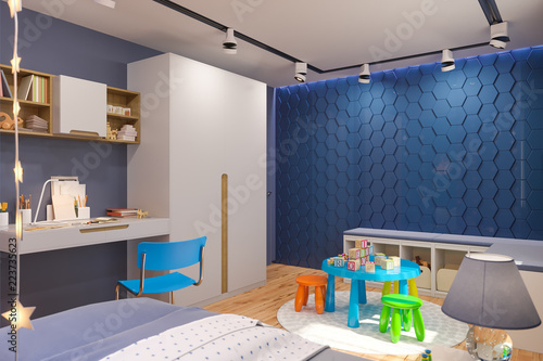 3d Render Of The Children S Bedroom In Deep Blue Color