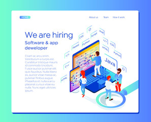 Hiring programmer or app developer. Developers building mobile apps and working together on a user interface, communication and technology concept. Isometric 3d