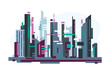 Futuristic abstract city with big buildings, neon signs. Rectangular shapes and simple forms. Flat style line vector illustration. Business city center with futuristic skyscrapers.