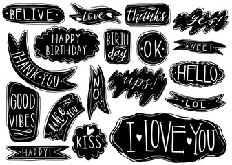 Hand drawn set of speech bubbles with handwritten short phrases yes, thank you, i love you, ups, happy birthday, lol, good vibes, kiss. Decorative Lettering messages.