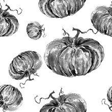 Watercolor, Vintage Pattern With The Image Of A Pumpkin. Pumpkin Black, White Watercolor. Background Can Be Used For Halloween 
