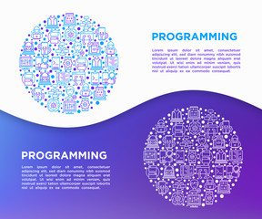 Wall Mural - programming concept in circle with thin line icons: developer, code, algorithm, technical support, p