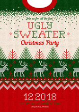 Ugly Sweater Christmas Party Invite. Vector Illustration Handmade Knitted Background Pattern With Deers, Christmas Tree And Snowflakes, Scandinavian Ornaments. White, Red, Green Colors. Flat Style
