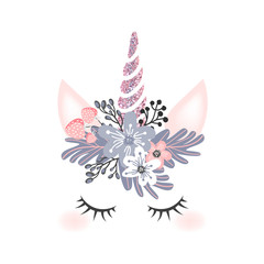 Cute unicorn head with flower crown and rosegold glitter horn  isolated on white background. Vector hand drawn illustration for card and shirt design.