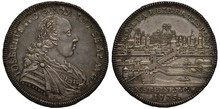Holy Roman Empire Of German Nation City Of Regensburg Silver Coin 1 One Thaler 1775, Ruler Joseph II, Bust In Rich Clothes Right, City View, Channels, Buildings, Churches, Bridges, Piers, Boats, 