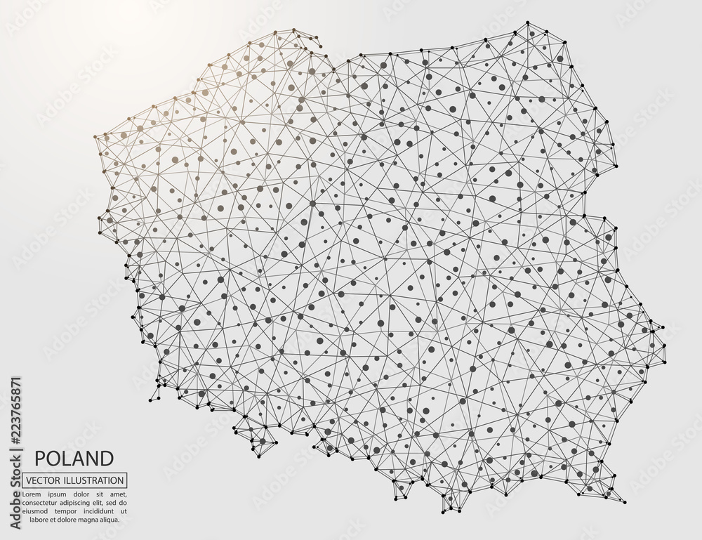 A map of Poland consisting of 3D triangles, lines, points, and connections. Vector illustration of the EPS 10. - obrazy, fototapety, plakaty 