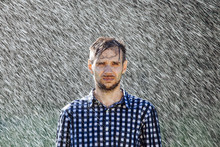 Man Wet Under Rain Farmer Hat Enjoy Prayer Happy Upset Heavy Wet Water Shower Sun Summer Pray