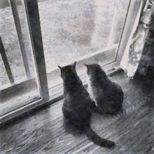 Oil Painting. Art Print For Wall Decor. Acrylic Artwork. Big Size Poster. Watercolor Drawing. Modern Style Fine Art. Beautiful Cats Seat Near Window. Pet View.