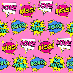 Wall Mural - seamless colorful pattern with comic speech bubbles patches on pink background. expressions love, ki