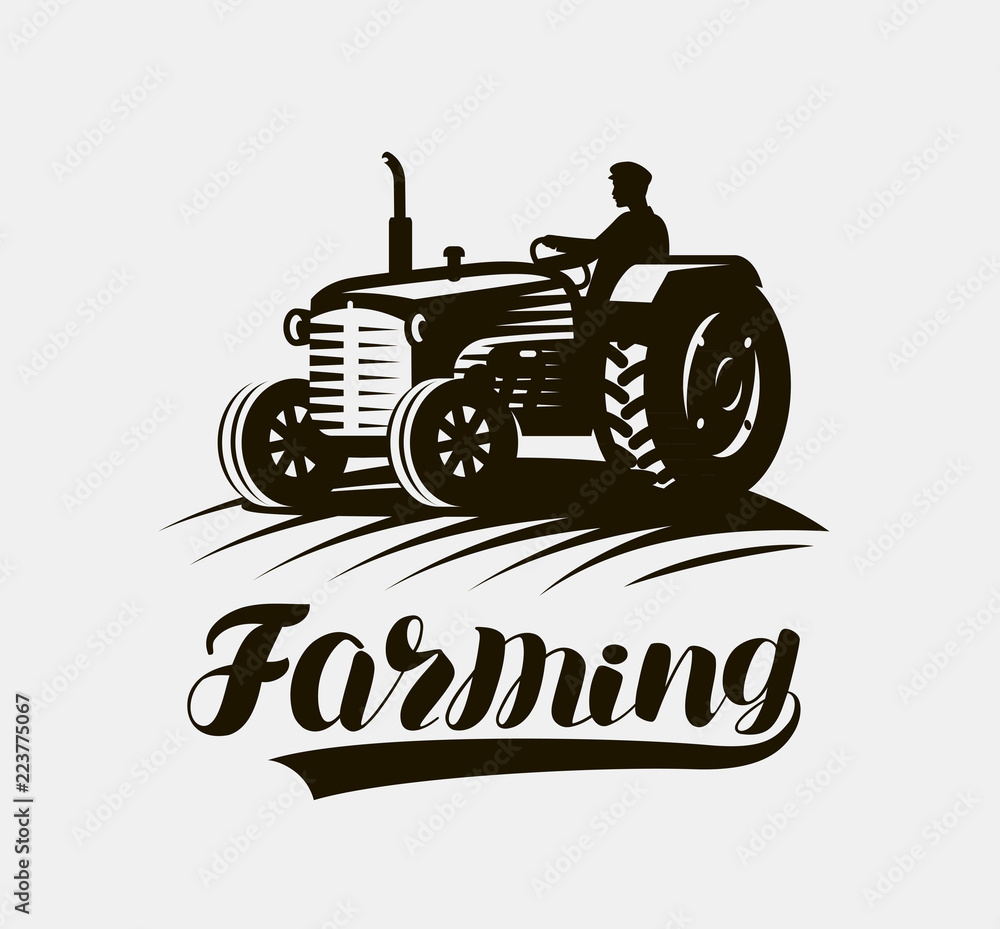 Vector de Stock Farming, agriculture logo or label. American retro farm tractor  icon. Vector illustration | Adobe Stock, image size:1000x929