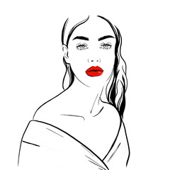beautiful woman face with red lips hand drawn vector illustration. stylish original graphics portrai
