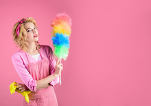 Hygiene Concept. Happy Girl Hold Colorful Duster Brush And Rag. Cleaning Service. Girl Cleaner With Feather Duster, Rag. Housewife With Cleaning Sweep.Woman From Cleaning Service With Synthetic Duster