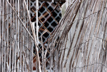 Vintage Bamboo Rattan Close-up Of A Dilapidated Retro Worn Fence Held Together With Rusted Wire, Chain Link Fence In Background