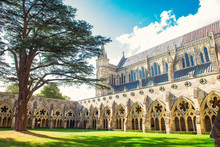 Exterior View Of Salisbury Cathedral Yard In Salisbury Wiltshire. Uk In Sunny Day. Medevial Architecture. Selective Focus. Copy Space.