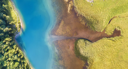 Wall Mural - aerial view at the lake and field. beautiful natural landscape from air in the switzerland. landscap