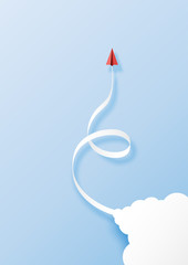 Wall Mural - paper art style of business leadership concept with red paper airplane flying from cloud on blue sky