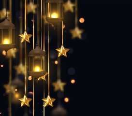 Wall Mural - gold star decorations with old lamps hanging on golden ribbon. background of bright bokeh flares. de