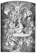 © acrogame - Holy night, nativity, Holy Mary, Joseph and Jesus child with angels, vintage engraving