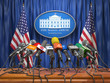 Press conference of president in the White House Washington.  Microphones  of all media with USA flags and White House sign.