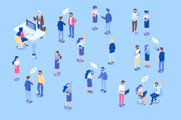 Wall Mural - Isometric people in Office. Isometric office workspace. Flat vector illustration isolated on white background.