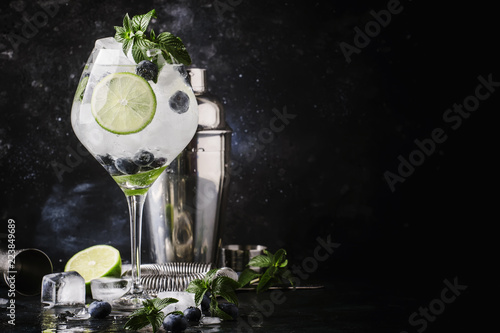 Summer alcoholic cocktail blueberry mojito with rum, green mint, lime and crushe Tableau sur Toile