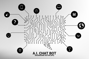 Poster - Artificial intelligence Chat bot service with dot connected line style background with circuit board graphic style. speech bubble with various icon.