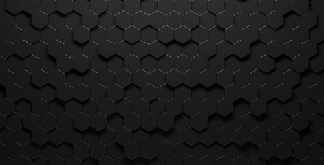 black background of hexagons of different heights, top lighting. Technological backdrop.3d Rendering.