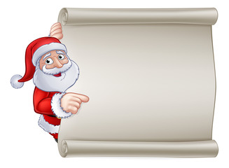 Poster - Santa Claus Christmas cartoon character peeking around and pointing at a scroll banner sign