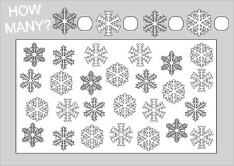 Wall Mural - Education for kids. Count how many snowflake and coloring page. Vector illustration.