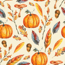 Autumn Watercolor Seamless Pattern With Pumpkins,yellow Leaves