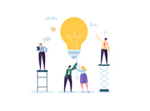 Creative Idea, Imagination, Innovation Concept With Light Bulb. Business People Characters Working Together On New Project. Vector Illustration