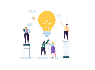 Wall Mural - creative idea, imagination, innovation concept with light bulb. business people characters working t