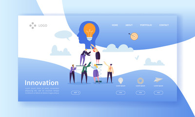 Wall Mural - Business Innovation Landing Page Template. Creative Idea Website Layout with Flat People Characters and Light Bulb. Easy to Edit and Customize Mobile Web Site. Vector illustration