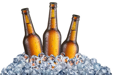 Canvas Print - Three cold bottles of beer in the ice cubes.