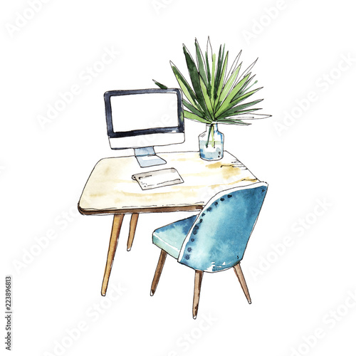 Watercolor Hand Painted Table With Computer And Blue Chair