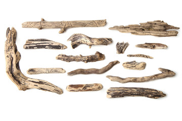 Set of driftwood isolated on white background. Pieces of river drift wood. 