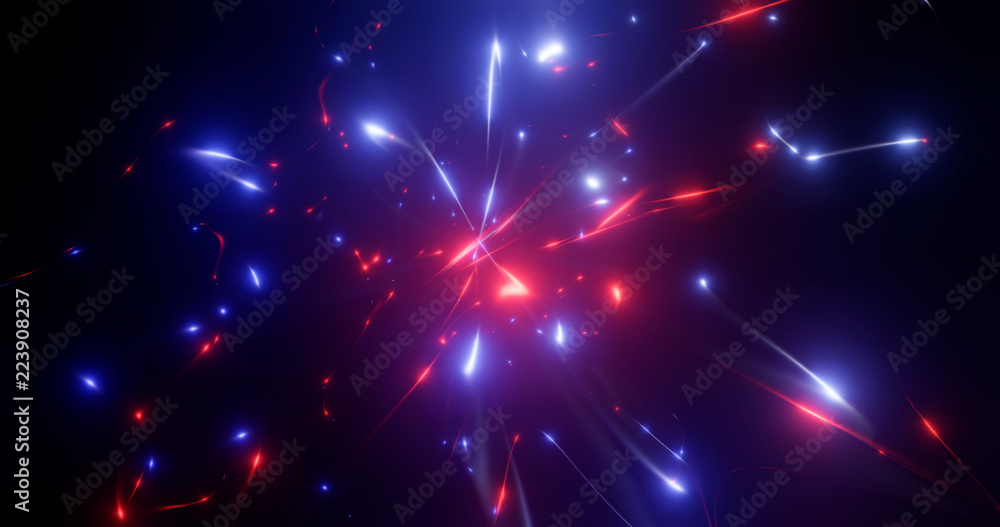 3d rendering. Fantastic background of bright glowing particles in deep space. Bright electric flashes - obrazy, fototapety, plakaty 