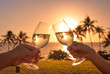 Couple cheers with wine glasses in a beautiful sunset beach setting. 
