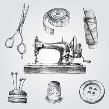Hand Drawn Sewing Sketches Set. Collection Of Sewing Machine, Pincushion For Needles, Scissors,  Thimble, Thread, Meter Tape, Button Sketches On White Background.
