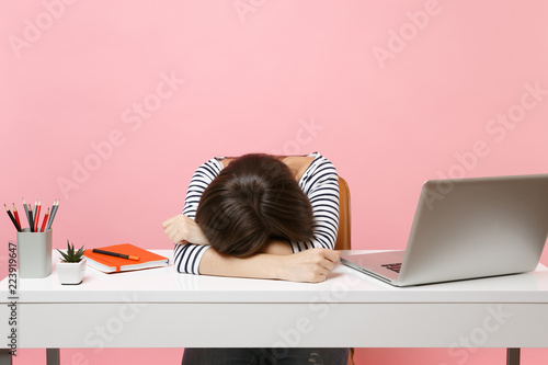 Young Disappointed Tired Woman Laid Her Head Down On The Table Sit