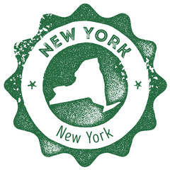 Wall Mural - New York map vintage stamp. Retro style handmade label, badge or element for travel souvenirs. Dark green rubber stamp with us state map silhouette. Vector illustration.