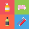 Set of hygiene items in flat style isolated on colorful background. Collection of Soap, liquid soap, Toothbrush with toothpaste and Shampoo vector illustration. Care and clean, bathroom objects.