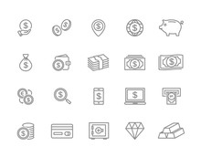 Set Of Bank And Money Line Icons. Coin, Cash, Card, Credit, Atm, Diamont, Wallet, Gold, Deposit, Purse, Piggy, Diamond, Dollar, Bag And More. Editable Stroke.