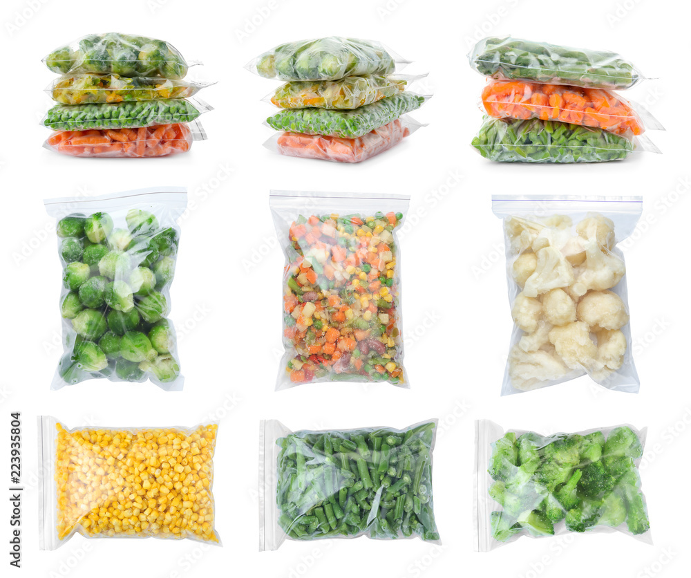 Set with frozen vegetables in plastic bags on white background - obrazy, fototapety, plakaty 