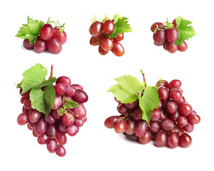 Set with juicy ripe grapes on white background