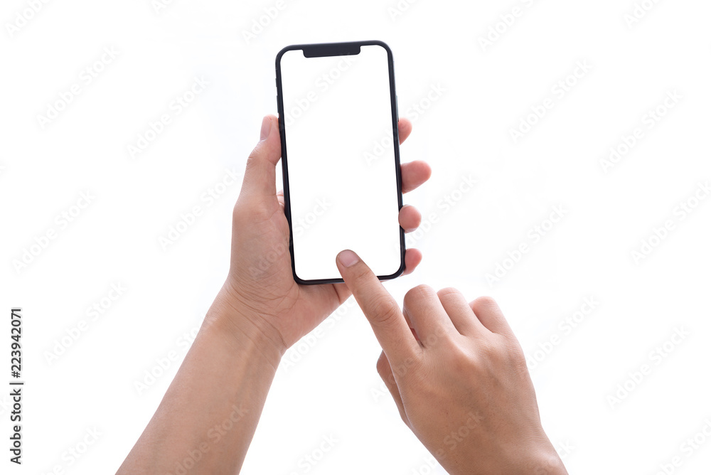 hand holding phone mobile and touching screen isolated on white background - obrazy, fototapety, plakaty 