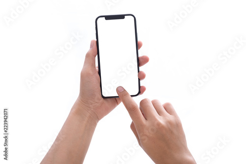 Cuadros en Lienzo hand holding phone mobile and touching screen isolated on white background