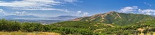 Panoramic Landscape View From Travers Mountain Of Provo, Utah County, Utah Lake And Wasatch Front Rocky Mountains, And Cloudscape. Utah, USA.