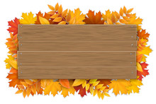 Empty Wooden Sign With Space For Text On A Background Of Maple Tree Leaves. The Template For A Banner Or An Advertisement For A Autumn Seasonal Discount.
